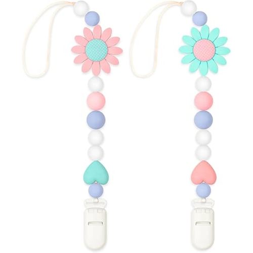 Silicone Pacifier Clip, 2 Pack Pacifier Holder for Boys and Girls, Adorable Sunflower Pacifier Clips Fits for Most Pacifier, Baby Teethers, Baby Shower and Baby Gift(Pink&Green)