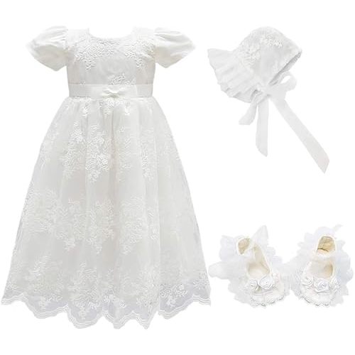 Glamulice Baby Girls Christening Baptism Dress Newborn Floral Embroidered Lace Dresses for Toddler