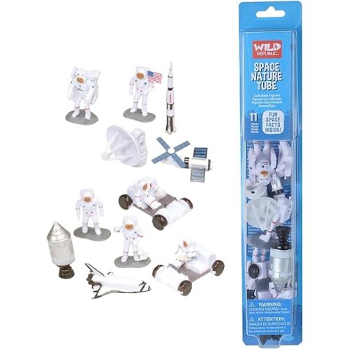 Wild Republic Figures Tube, Outer Space Toys, Shuttle, Astronaut, Space Station, Apollo Spacecraft, Lunar Rover, Saturn Rocket, Satellites Multi, 1.5" to 3"
