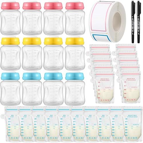 12 Pack Breast Milk Storage Bottles 6oz 180ml with 60 Pieces Breastmilk Storage Bags, Reusable Wide Neck Breast Pump Bottles with 250 Pieces Handwriting Stickers and 2 Marker Pens