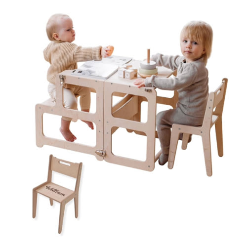 Kitchen Tower, Toddler Tower, Montessori Kitchen Tower, Kitchen Stool, Montessori Furniture, Activity Tower (Natural Wood, With Extra Chair)