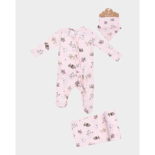 Girl's Fluffy Puppies Ruffle Trim Footie W/ Bandana Bib & Swaddle Blanket, Size Newborn-9M