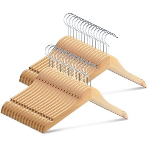 Pinkunn 50 Pcs Wooden Hangers for Baby Kids Wood Hangers Solid Baby Children's Coat with Pants Bar Shoulder Notches Anti Rust Swivel Hooks 12.6 Inch