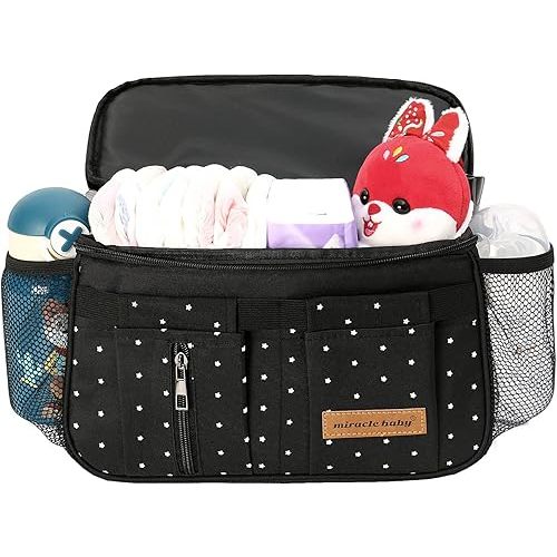 Miracle Baby Stroller Organizer Bag for Mom,Universal Stroller Storage Caddy Diaper Bag- Compatible with Most Stroller - Multifunctional Larg(Black Star)