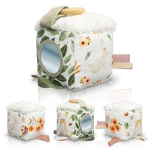 Soft Toy Block with Wooden Ring for Babies 0-3 and 0-6 Months - The Perfect High Contrast Activity Cube & Teething Toy with Tummy Time Mirror for Newborns - A Fun Sensory & Development Gift