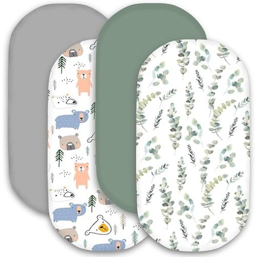 bimocosy Bassinet Sheet, 4 Pack Bassinet Sheets for Baby Boys Girls, Soft Baby Bassinet Fitted Sheets Neutral for Standard Bassinet Mattress, Size 32 x 16 x 4 Inches, Leaf/Bear/Gray/Green