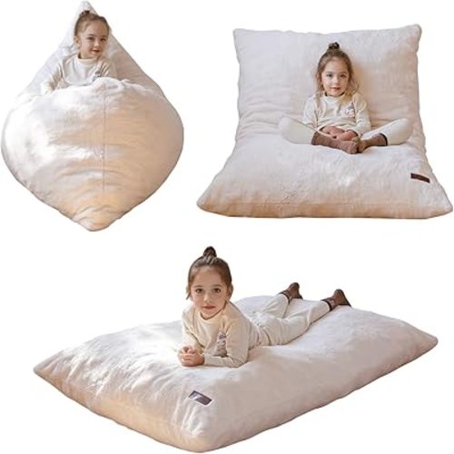 MAXYOYO 3 in 1 Kids Bean Bag Chair Bed, Child Floor Sofa for Gaming, Reading, Faux Fur Floor Mattress with High-Density Foam Filling for Living Room Bedroom