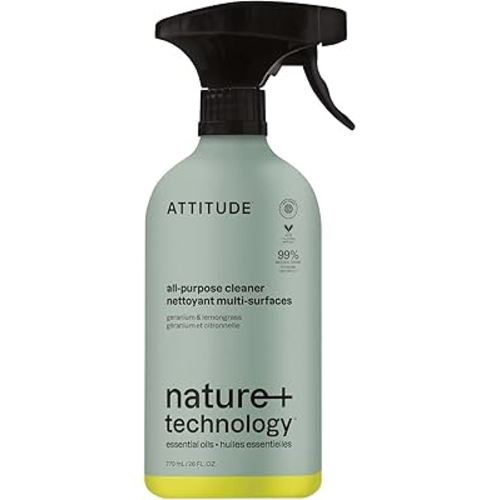 ATTITUDE All-Purpose Cleaner Spray, Natural Origin Ingredients, EWG Verified, Ammonia-Free, Removes Fingerprints, Dust and Dirt, Streak-Less, Geranium & Lemongrass, 26 Fl Oz