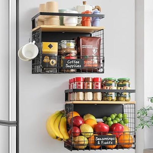 2 SET Strong Magnetic Shelf for Fridge with Tag & Bamboo Top, XXL Large Capacity Magnetic Spice Rack Shelves for Side of Refrigerator, Kitchen Pantry Storage Organizer, Multiuse Food Fruit Veg Baskets