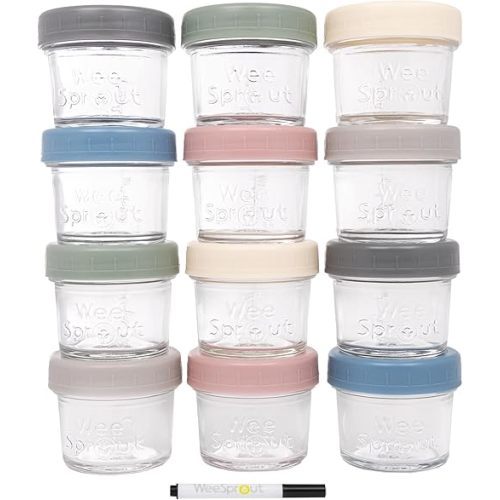 WeeSprout Glass Baby Food Storage Jars w/Lids (4 oz, 12 Pack Set) Snack, Puree, Reusable Small Containers, Breast Milk, Fridge or Freezer, Microwave & Dishwasher Safe, Essential Must Have for Infants