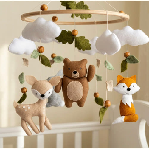 Woodland Baby Mobile Neutral | Forest Animals Baby Mobile with Bear, Deer, Fox & Bunny - Cozybabywear