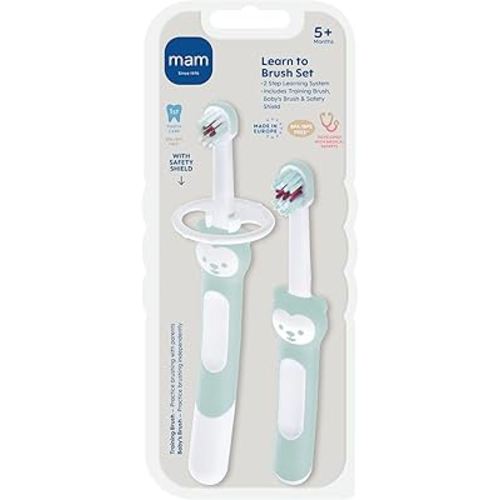 MAM Learn to Brush Set (1 Baby's Brush Toothbrush, 1 Training Brush, 1 Safety Shield), Baby Toothbrushes with Brushy The Bear, Interactive App, for Boys 5+ Months, Blue
