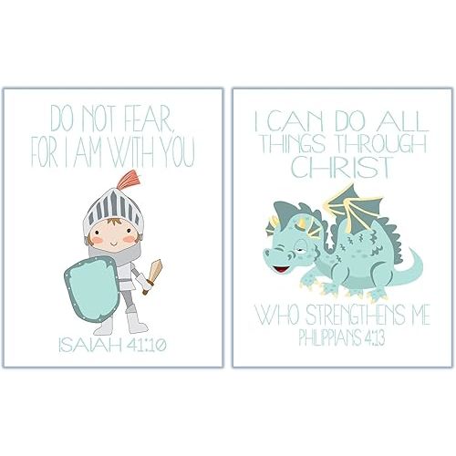 Knight and Dragon Baby Boy Christian Nursery Decor Set of 2 Prints in Aqua with Bible Verses