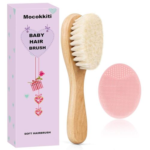 Baby Hair Brush and Pink Cradle Cap Brush Set for Newborns and Toddlers, Wooden Baby Hair Brush Set with Soft Goat Bristle, Baby Hair Care Kit (2PCS)