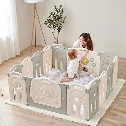 Fortella Cloud Castle Foldable Playpen, Baby Safety Play Yard with Whiteboard and Activity Wall, Indoors or Outdoors (14 Panel) in GRAY/WHITE