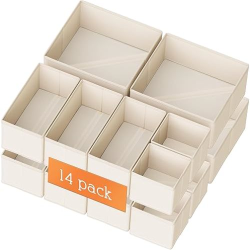 Criusia Drawer Organizer Clothes, 14 Pack Dresser Organizer for Baby Clothes, Underwear, Sock- Foldable Closet Organization and Storage Dividers Bins for Nursery, Bedroom and Dorm (Beige)