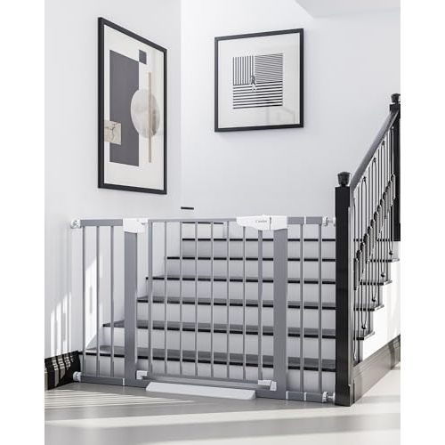 Cumbor 29.7-46" Baby Gate for Stairs, Gifts for Mom-Auto Close Dog Gate for The House, Easy Install Pressure Mounted Pet Gates for Doorways, Easy Walk Thru Wide Safety Gate for Dog, Gray