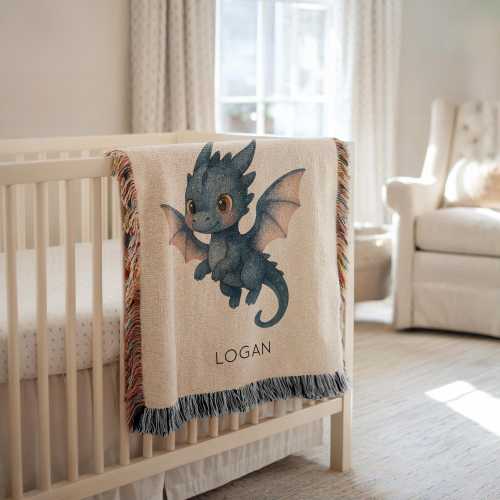 Personalized Blue Dragon Baby Blanket, Custom Name Fantasy Dragon Throw for Boys, Soft Nursery Gift for Baby Boy, Toddler Room Decor