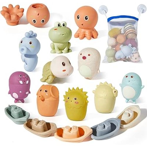 Silicone Animal Bath Toys with Floating Boats for Toddlers 1-3, 15 PCS Mold Free Bathtub Toy for Infants 6-12 Months, Eco-Friendly Non Toxic Water Table Toys