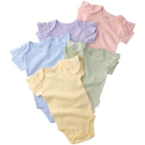 baby-girls Rory 5-pack Short Sleeve Ruffle Shoulder Bodysuits 100% Organic Cotton for Baby Girls