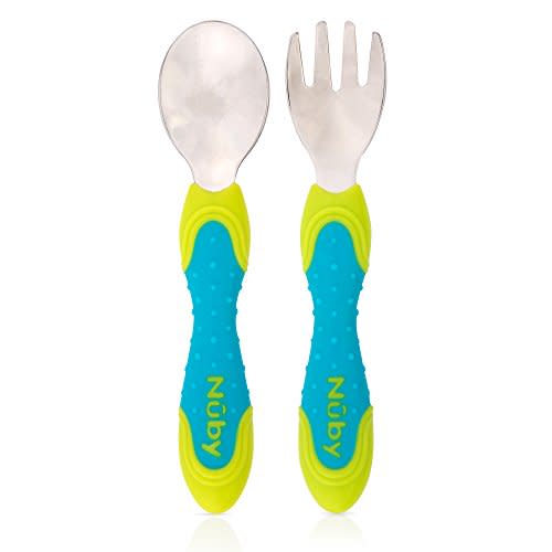 Nuby 2 Piece Stainless Steel Utensil, Blue/Green, 2.5 Oz