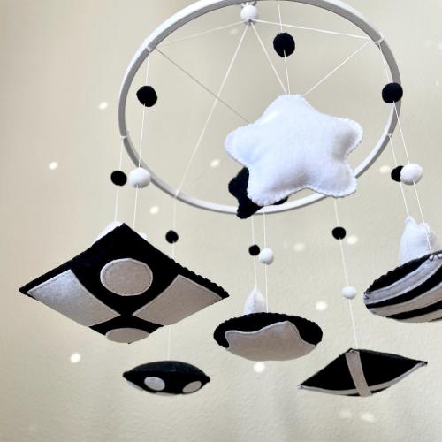 Small Black and White Monochrome Montessori High Contrast Sensory Baby Mobile Developmental toy for a newborn Personalized