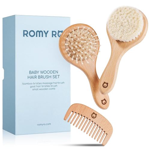 3 Piece Wooden Hair Brush Set for Newborns & Toddlers - Ultra Soft Natural Goat Hair and Wood Brushes in Chic Gift Box