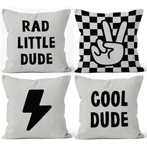 HIWX Rad Little Cool Dude Preppy Black Checkered Peace Sign Lightning Decorative Pillowcase Throw Pillow Cover,Trendy Preppy for Sofa Bed Boy Teen Room Dorm Decor 18 x 18 Inch Pillow Case Set of 4