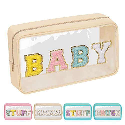 Iqimott Preppy Patch Clear Baby Bag, Women Chenille Letter Makeup Cosmetic Bag for Travel, Nylon Waterproof Organization Outdoor Zipper Pouch Toiletry Bag for Women Girls(Beige)