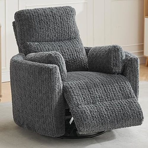 Swivel Glider Recliner, Boucle Upholstery Recliner with 2 Pillow, Nursery Glider Rocker Chair, Power Reclining Sofa Chair for Living Room/Office/Apartment/Dark Gray