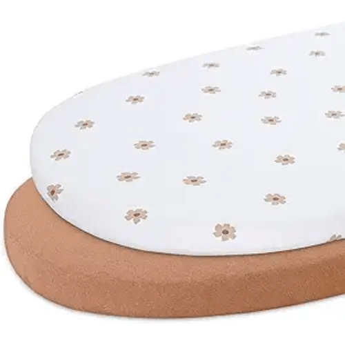 Dreamology Bassinet Sheets Boy,Girl,2 Pack,Cotton Bassinet Sheets,Universal Fit,100% Cotton Knitted Jersey,Rectangle,Hourglass and Oval Fitted Baby Bassinet Sheet,17x32 inch | Brown and Flowers