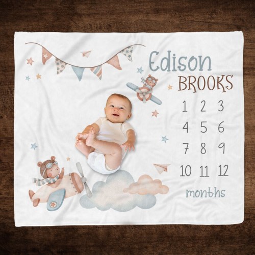 Bear Pilot Milestone Blanket, Baby Bear Airplane Milestone Blanket, Track Baby Growth, Bear in Plane, Baby Growth Blanket, Airplane Nursery