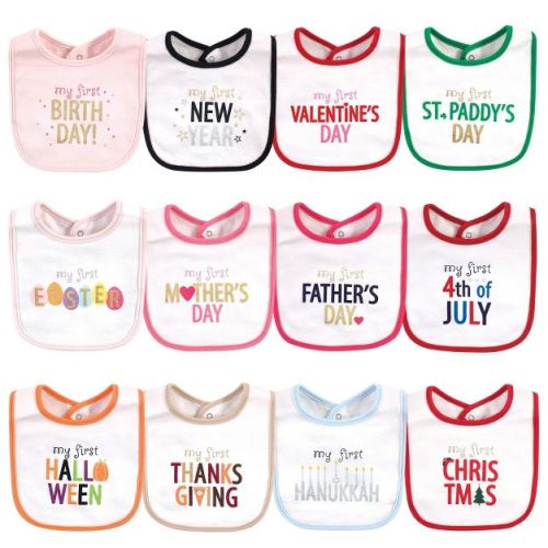 Hudson Baby Infant Girl Cotton Bibs 12pk, Holiday Bold Girl, One Size