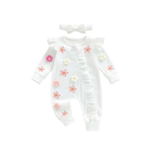 Loicainy Newborn Baby Girl 3D Floral Romper 3 6 12 Months Long Sleeve Round Neck Ruffle Jumpsuit with Headband Fall Spring Set