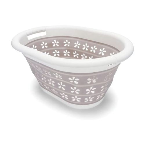 Camco Collapsible Laundry Basket, Small, Taupe/White - Pop Open Waterproof Plastic Bin with Handles for Home, Dorm, RV Storage