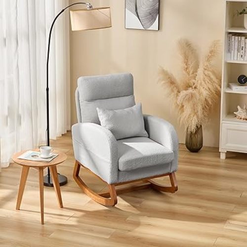 EROMMY Nursery Rocking Chair,Comfortable Upholstered High-Back Rocking Chair Nursery with Side Storage Pocket & Sturdy Rubber Wood Legs, Perfect for Breastfeeding & Living Room,Teddy Grey