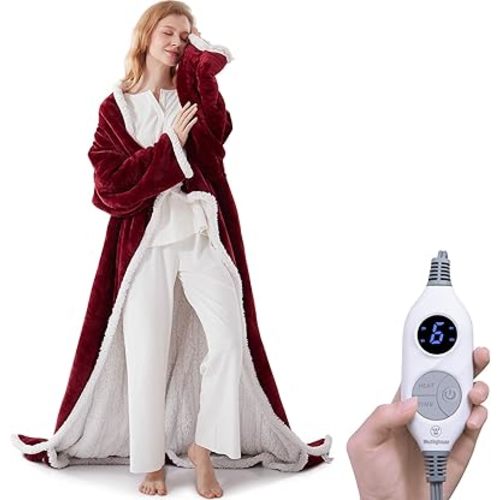Westinghouse Christmas Electric Snuggle Throw Blankets with Foot Pocket, Wearable Heated Blanket with Sleeves, 6 Heating Levels & 2 to 10 Hours Heating Time Settings, 50 * 70"+18", Red