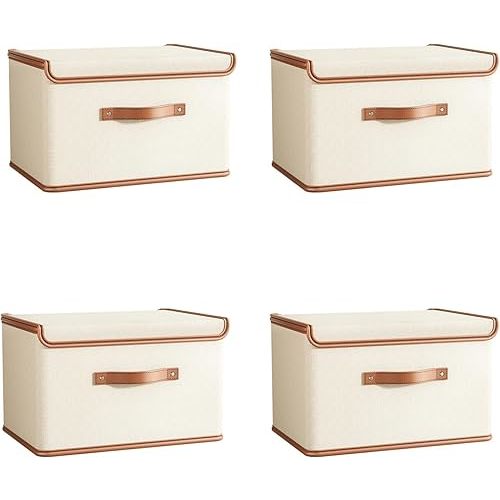 Tuza 4 Pack Storage Bins with Lids, Collapsible Closet Organizer Container, Fabric Organizer Box with Handles, Decorative Storage Boxes with Lids for Organizing Clothes, Books, File, White, Large