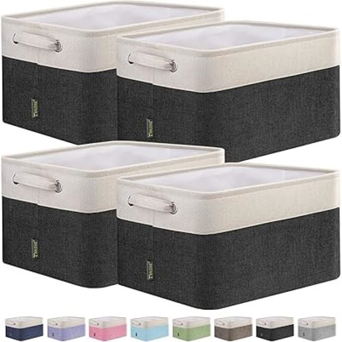 BALEINE Fabric Storage Bins for Shelves, Linen Storage Baskets for Organizing, Decorative Closet Storage Bins for Clothes, Toys, Home Storage (Black, 4 Pack)