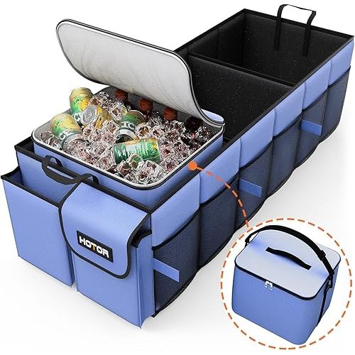 HOTOR Trunk Organizer, Sturdy Foldable with Cooler for Car & SUV, 3 Compartments, Blue, 30.90”×12.60”×10.63”