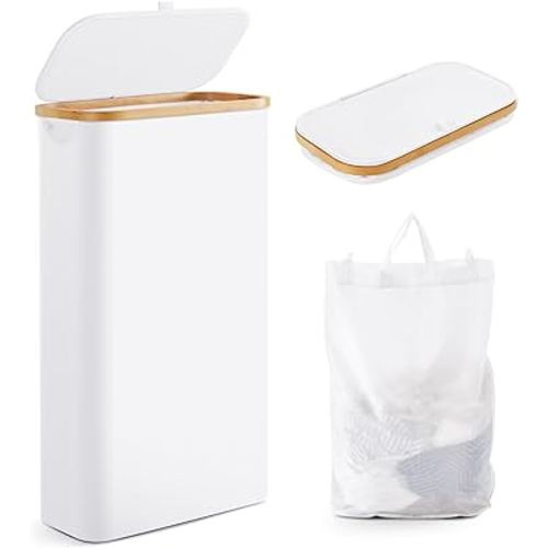 Slim Laundry Hamper with Lid by Fiona's magic, 63L Narrow Laundry Basket with Removable Bag, White Collapsible Dirty Clothes Basket, Thin Tall Storage Basket for Bathroom, Bedroom