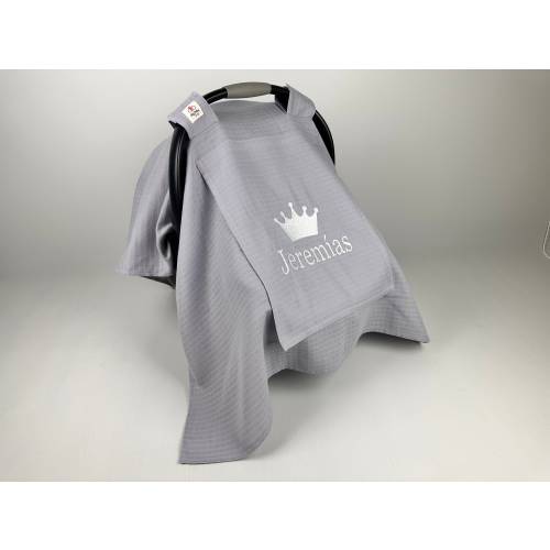 Car Seat Cover Baby Girl - Car Seat Cover Boy - Car Seat Canopy Gray Muslin - Personalized Baby Shower Gift - Baby Gift Embroidery