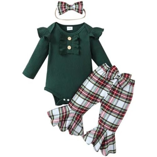 Kuriozud Newborn Baby Girl Bell Bottom Outfit Ruffle Romper Cute Bow Flare Pants Set Headband Cute Clothes