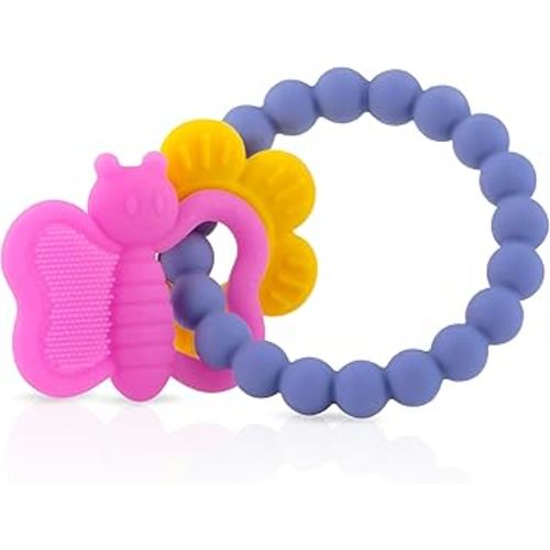 Nuby Chewy Charms Silicone Teether with Butterfly/Flower or Coral Unicorn, 1 Count (Pack of 1)