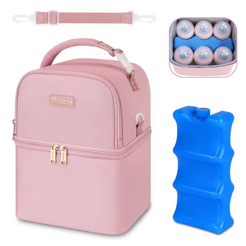 Mancro Breastmilk Cooler Bag with Ice Pack, Double Layer Insulated Baby Bottle Bag Fits 6 Baby Bottles Up to 9 Ounce, Breast Pump Bag for Daycare, Breast Milk Cooler Travel Bag for Nursing Mom, Pink
