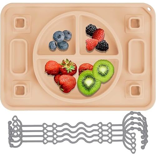 Strong Suction Baby Placemat, Silicone Toddler Plate with 4 Toy Straps & Anti-Peel Design, Dishwasher Safe Travel-Friendly Sensory Mat for High Chair, Airplane, Baby Led Weaning (Khaki)