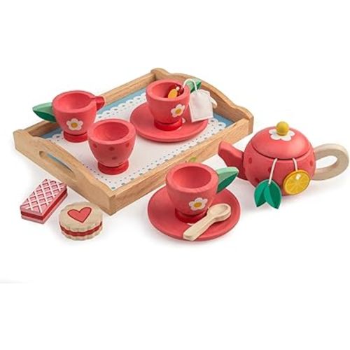 Tender Leaf Toys - Tea Tray Set - Wooden Pretend Food Play Toy with Tea Bags, Snacks, Teapot and Treats for Afternoon Tea Party - Develops Problem Solving Skills and Imaginative Play - Age 3+