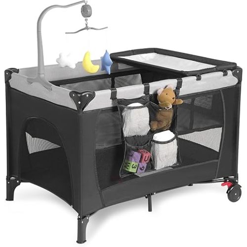 Pack and Play, Travel Crib, with Changing Table, Portable Pack and Play, with Carry Bag, Foldable, Portable Crib for Toddlers 1-3(Black)
