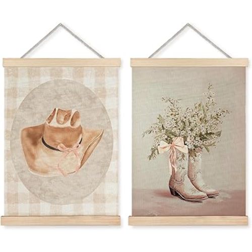 JINYO Western Cowgirl Wall Decor, Rustic Southwestern Wall Art Poster, Western Room Decor, Coquette Bow Country Cowgirl Boots Hat Posters for Girls Bedroom Dorm Home, 12x16 Inches Set of 2