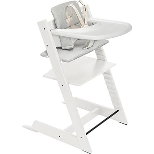Stokke Tripp Trapp High Chair 2 (White), Cushion 2 (Nordic Grey) + Stokke Tray (White) - Includes Chair + Baby Set with Removable Harness for Children 6-36 Months